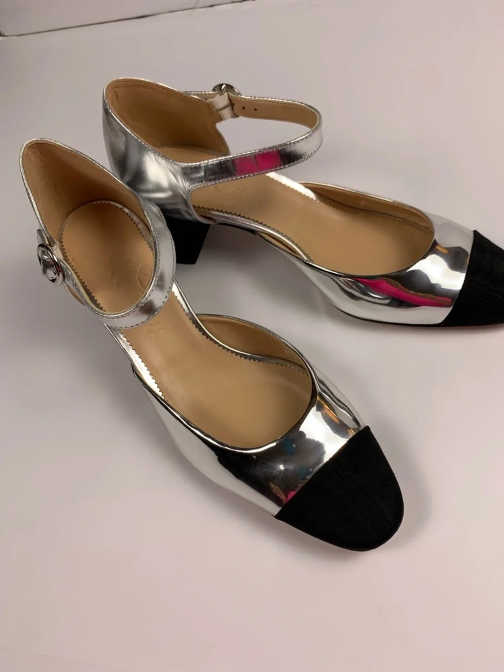 J.Crew Maisie Silver Leather Mary Jane Block Heels Black Cap Toe 9.5